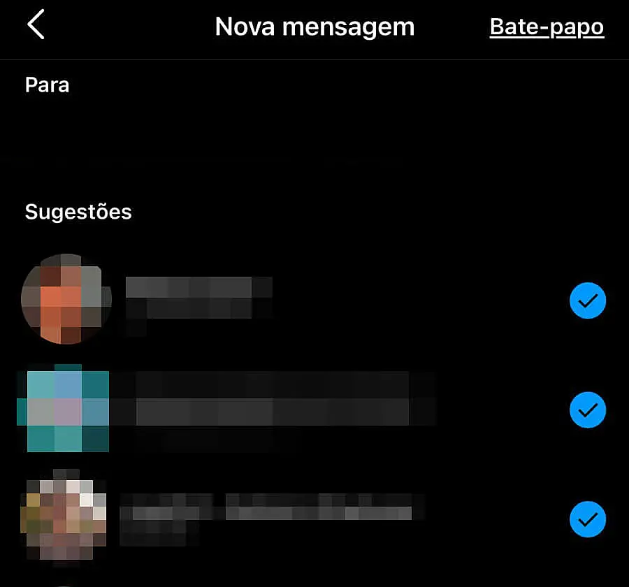 Captura de tela do Instagram para criar grupo