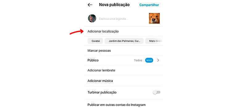 Captura de tela apontando como criar localização no instagram pelo aplicativo
