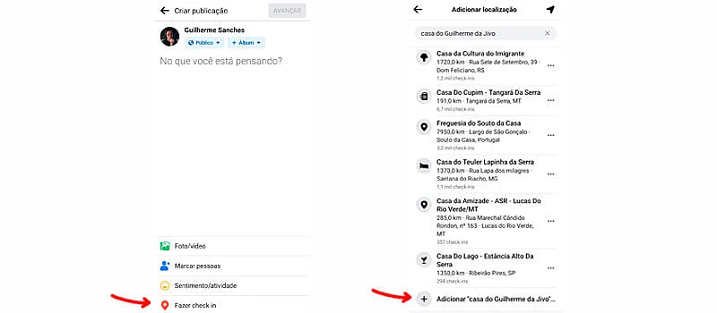 captura de tela de 2 telas mostrando o passo a passo de como criar uma localização para instagram usando o facebook