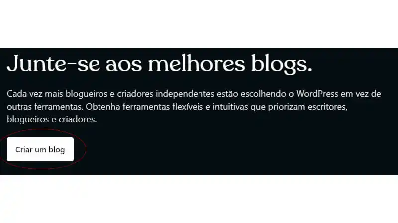 print screen da tela  "criar um blog" do WordPress