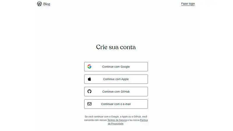 imagem mostrando a área "crie sua conta" do WordPress