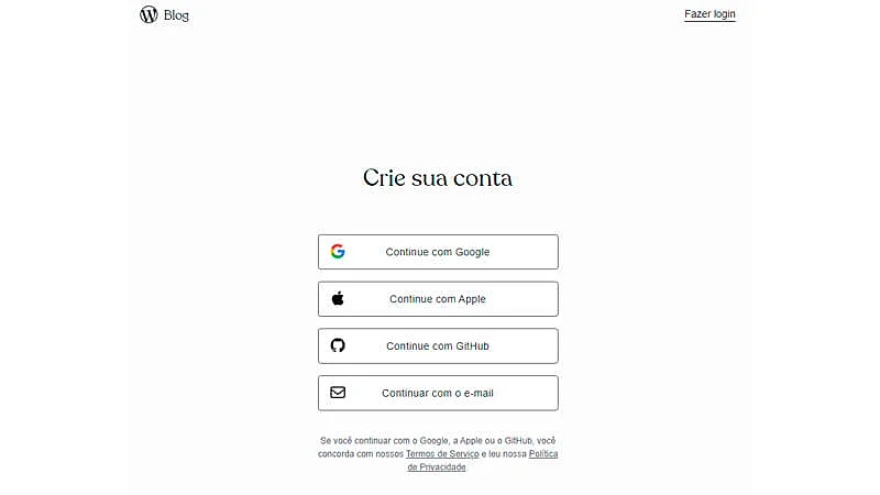 imagem mostrando a área "crie sua conta" do WordPress