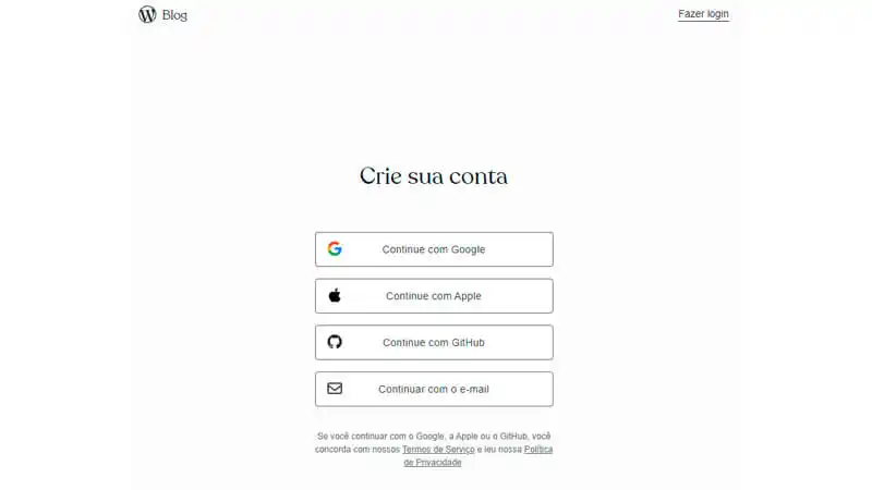 imagem mostrando a área "crie sua conta" do WordPress