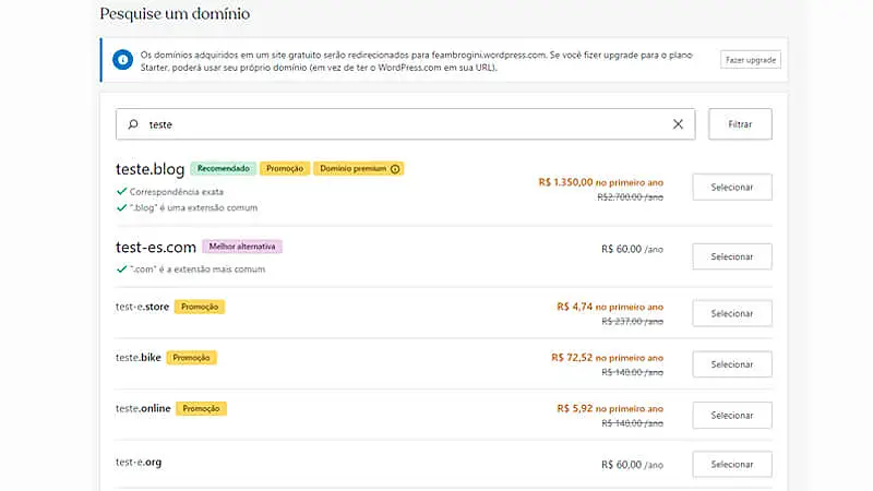 imagem que mostrando como pesquisar e registrar um domínio no WordPress