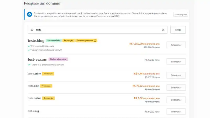 imagem que mostrando como pesquisar e registrar um domínio no WordPress