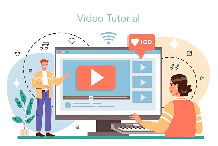 ilustração de uma mulher analisando os dados do seu canal enquanto um homem traz mais informações