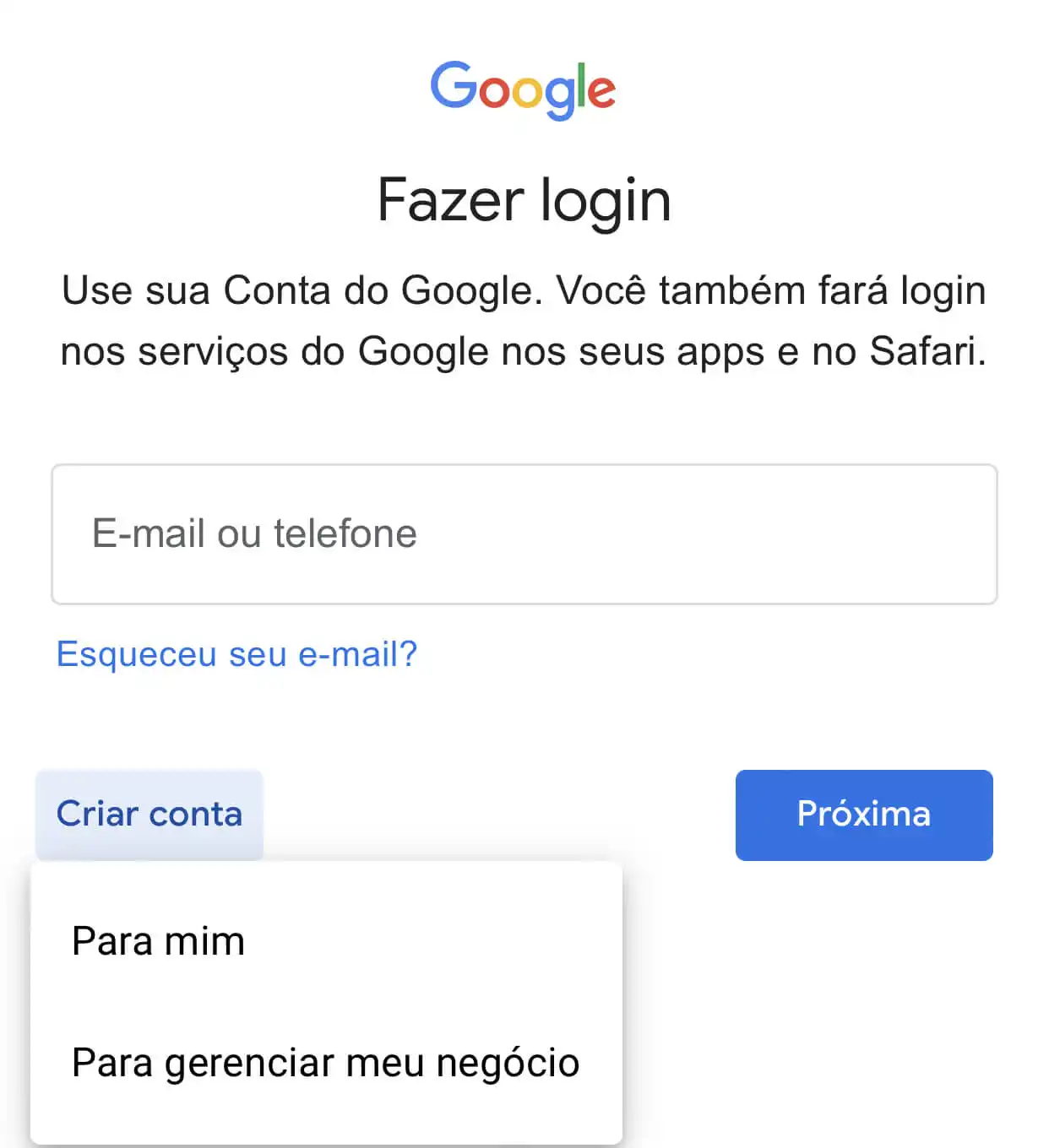 Captura da tela para criar conta Gmail