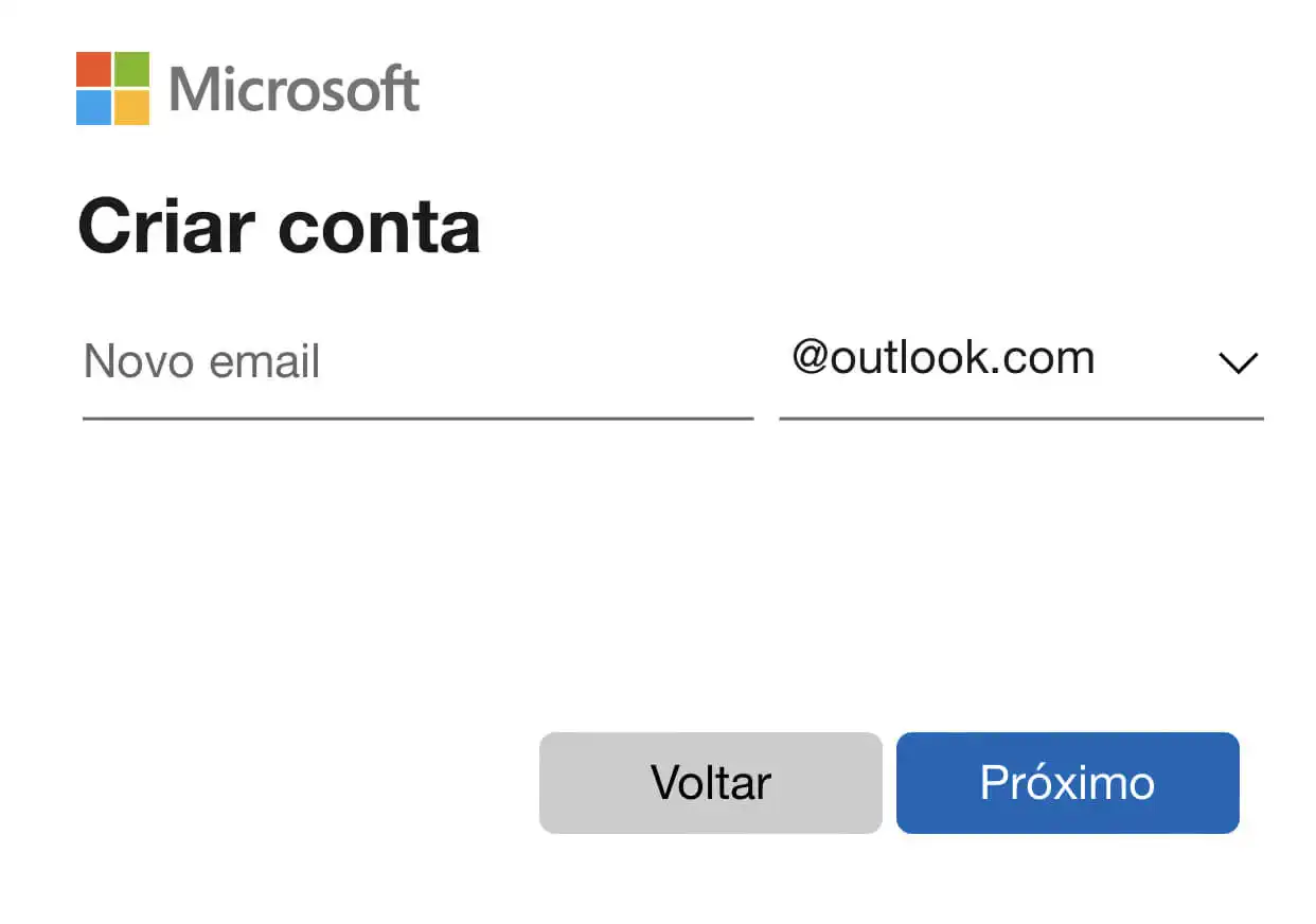 Tela para criar conta Outlook