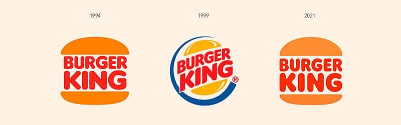 Evolução dos logos do Burgerking de 1994, 1999 e 2021