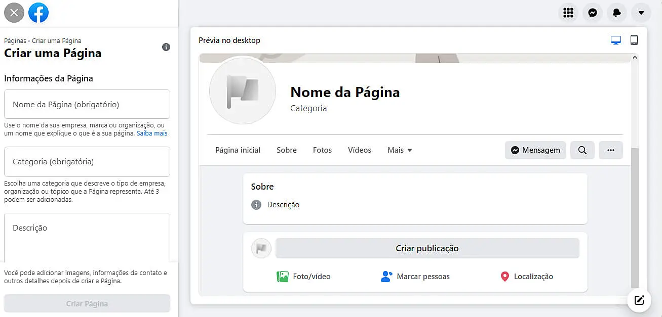 Tela para criar página no Facebook