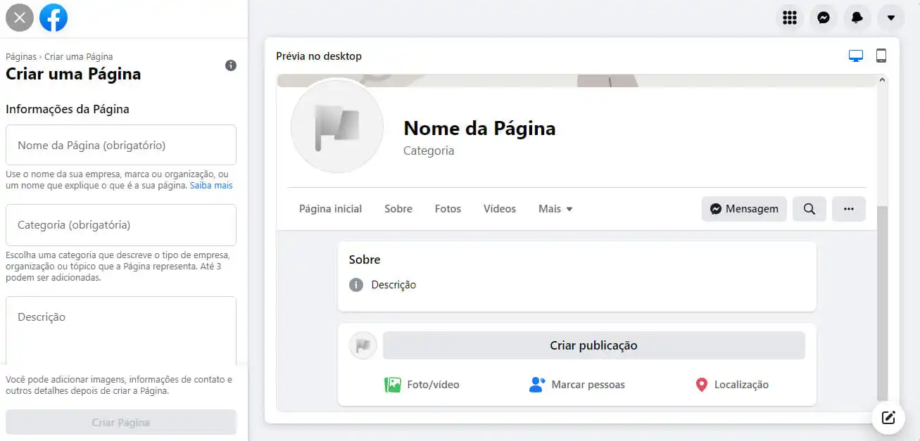 Tela para criar página no Facebook