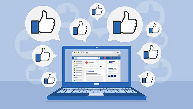 Ilustração de um notebook no Facebook e emojis ao fundo