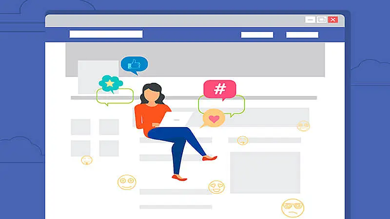 Ilustração de uma tela com pessoas trabalhando e a logo do Facebook