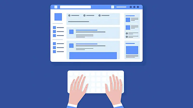 ilustração de um notebook aberto no Facebook e diversas pessoas utilizando o Facebook
