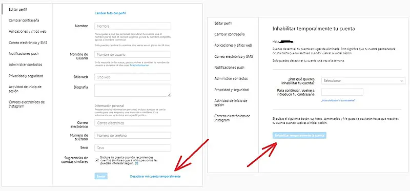Cómo eliminar una cuenta de Instagram temporalmente desde un ordenador