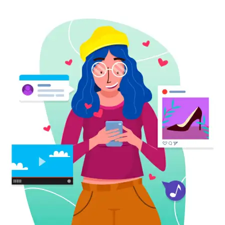 Ilustração de jovem usando o celular, cercada por posts, vídeos e curtidas nas redes sociais.