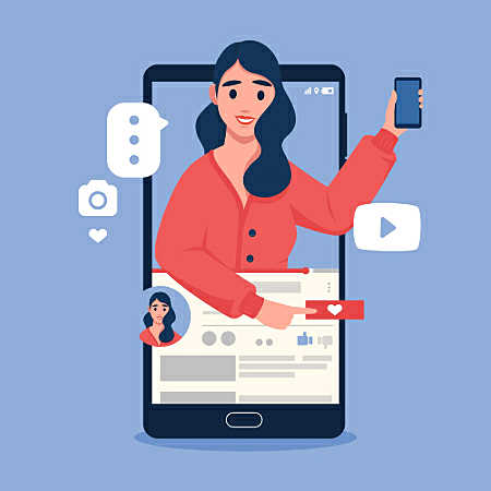 Ilustração de influenciadora aparecendo na tela de um smartphone, interagindo com ícones e curtidas.