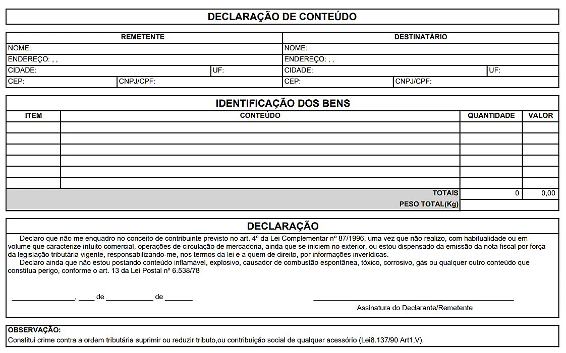 Modelo de declaração de conteúdo correios
