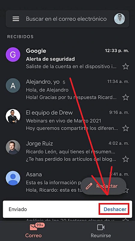 Deshacer un envío con Gmail