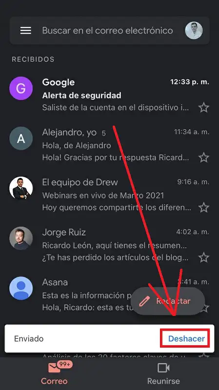 Deshacer un envío con Gmail