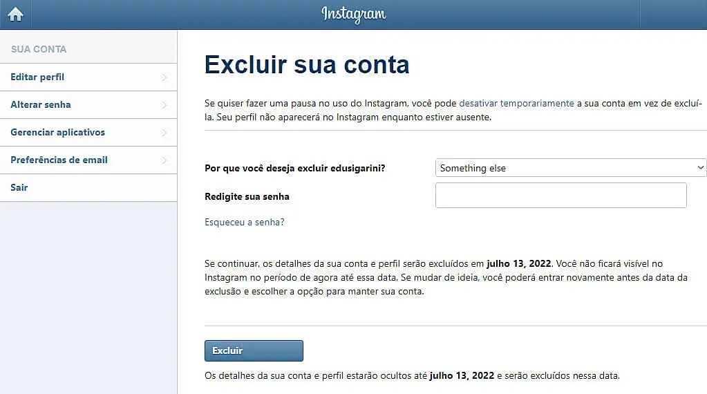Tela do site do suporte do Instagram