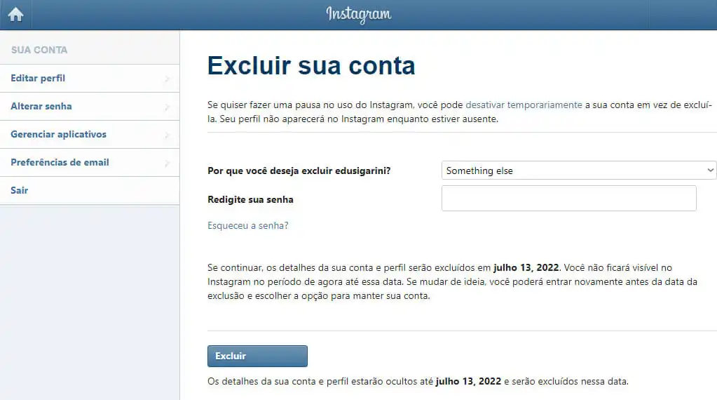 Como excluir conta do Instagram Tela do site do suporte do Instagram