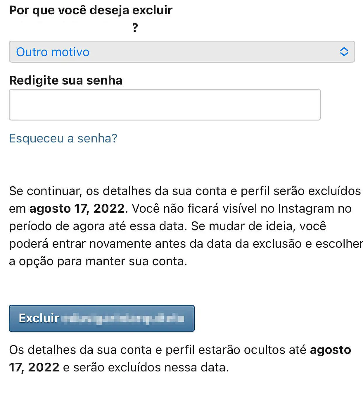 Captura de tela do site de suporte do Instagram