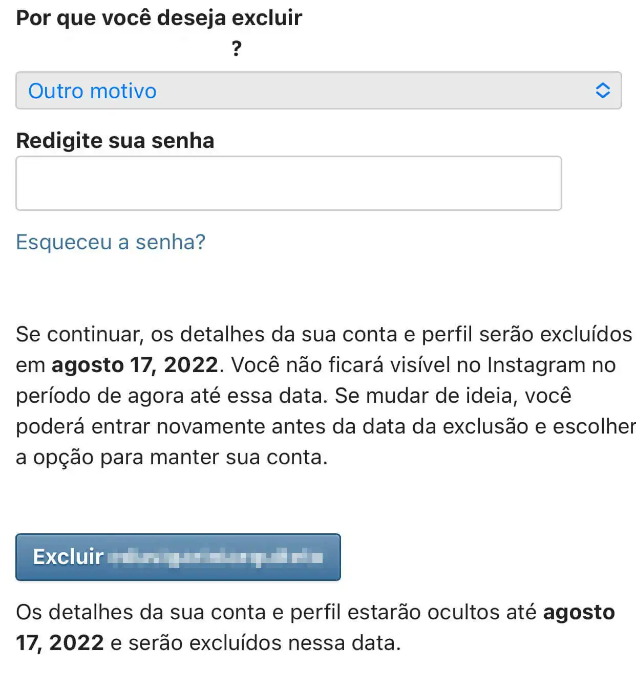 Como excluir Instagram Captura de tela do site de suporte do Instagram