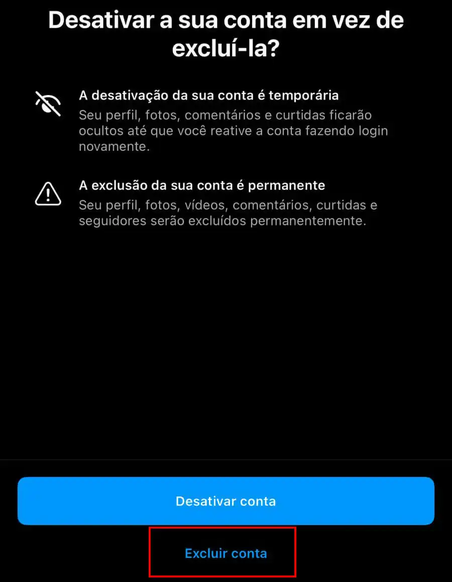 Como excluir Instagram Captura de tela do Instagram