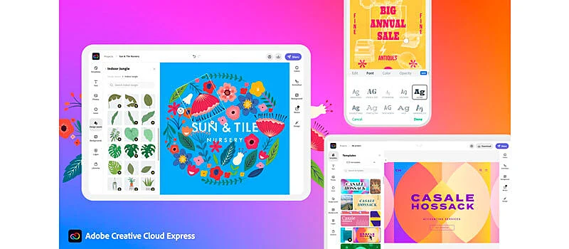 3 capturas de tla diferente da interface do adobe express 