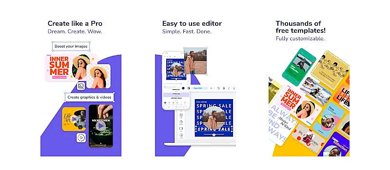 3 telas ilustrando os recursos visuais disponíveis e templates do desygner