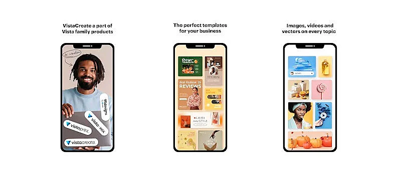 3 telas ilustrando modelos prontos e recursos visuais do vistacreate