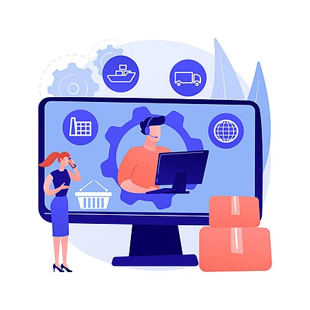 imagem de uma mulher falando com um atendente virtual e caixas