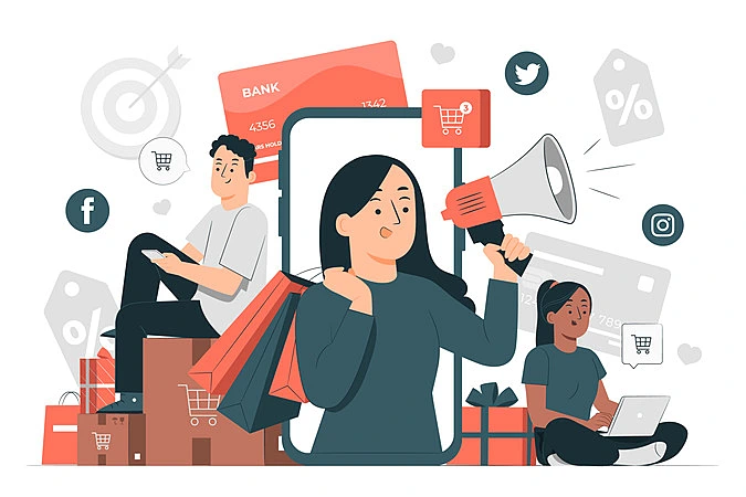 imagem de uma mulher com megafone divulgando e 2 pessoas comprando pelo celular e notebook