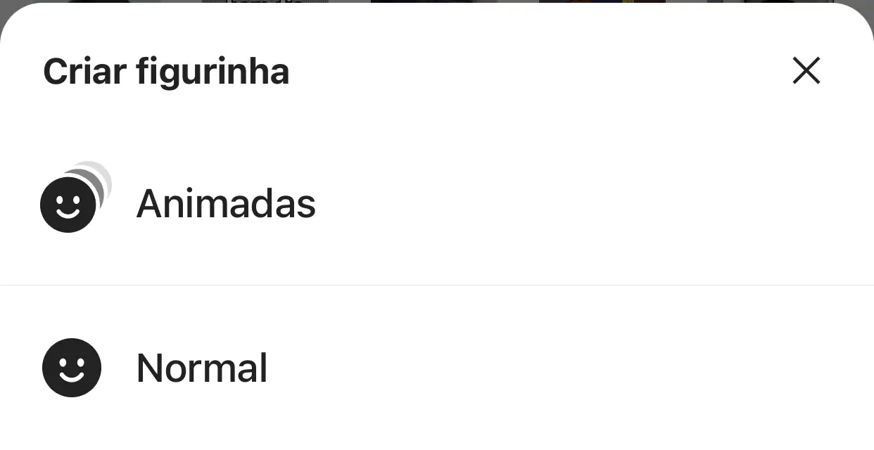 Menu com opção de figurinha animadas ou normal