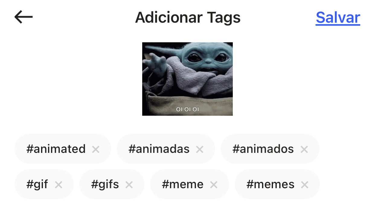 Tela para adicionar tags na figurinha