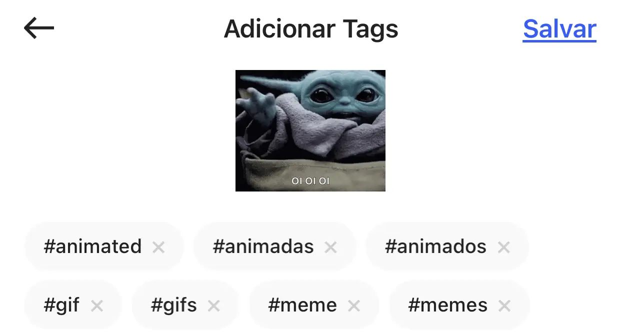 Tela para adicionar tags na figurinha