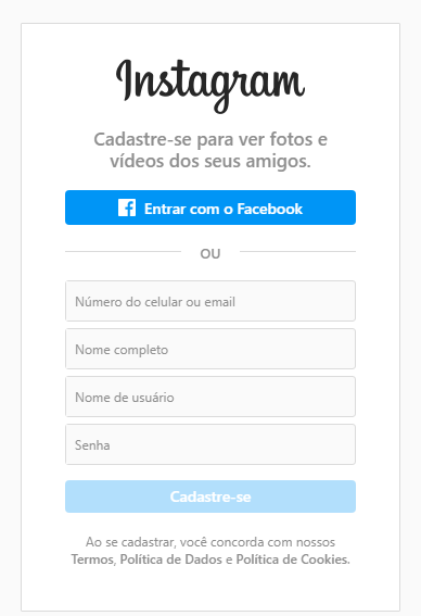 Tela de cadastro do Instagram pelo PC