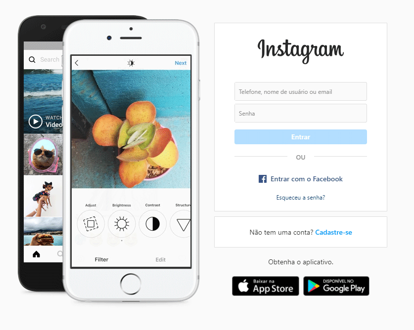 Tela inicial do site do Instagram no navegador