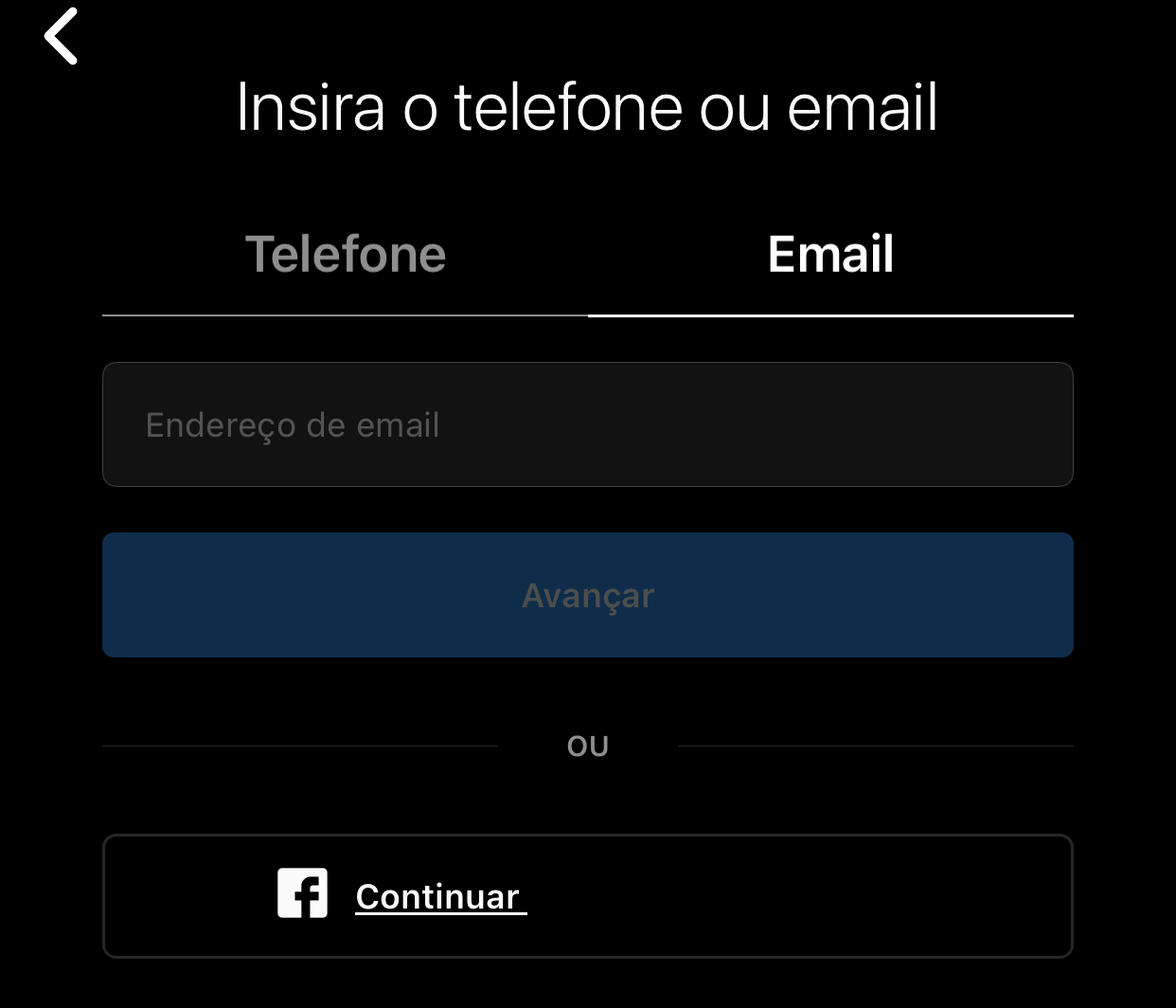 Tela de cadastro do Instagram para inserir e-mail