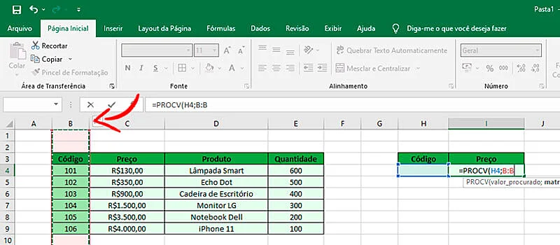 Captura de tela do passo 2 na ferramenta Excel