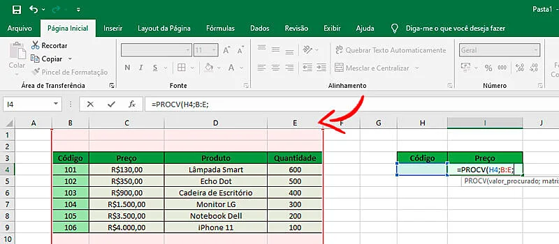 Captura de tela do passo 3 na ferramenta Excel