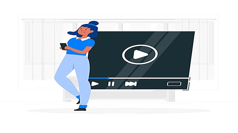 Ilustração de uma mulher usando um celular e um player de vídeo ao fundo