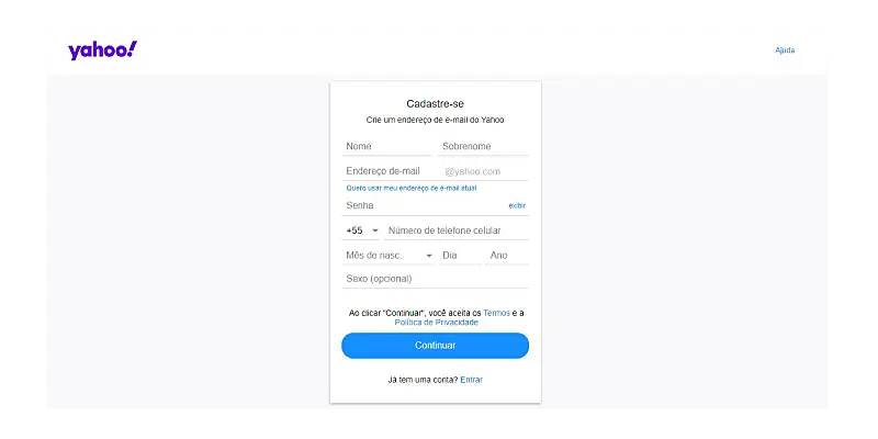 Printscreen de como fazer um email Yahoo