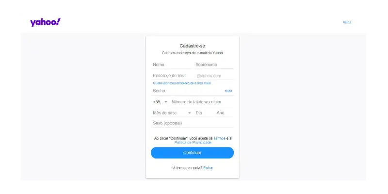 Printscreen de como fazer um email Yahoo