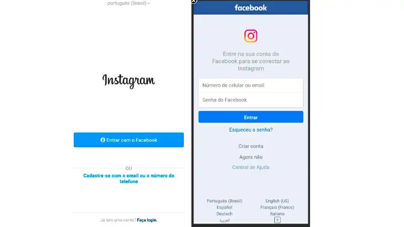 Como fazer um Instagram Printscreen da tela para criar uma conta no Instagram através do facebook.
