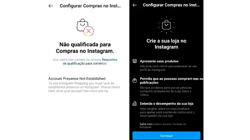 Como fazer um Instagram Printscreen de habilitação ou não habilitação do recurso compras