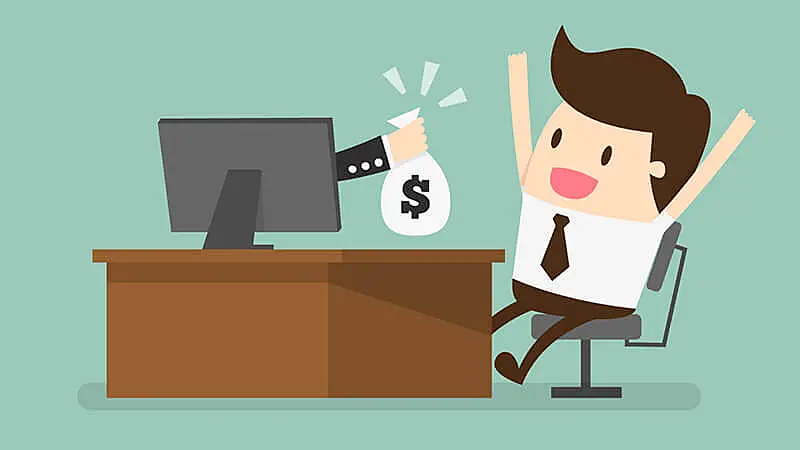 Ilustração de uma pessoa sentada recebendo dinheiro de um monitor