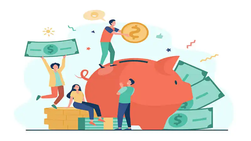 Ilustração de pessoas colocando dinheiro em um cofre de porco