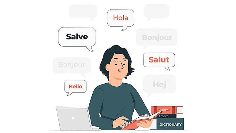 ilustração de uma pessoa trabalhando com tradução de textos